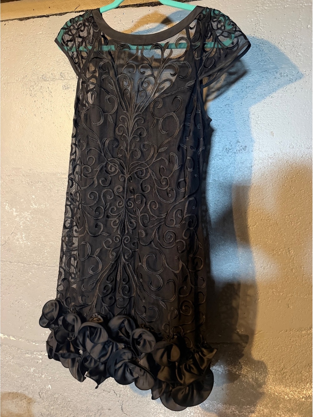 Guess Black Embroidered Mesh Dress with Ruffle Hem